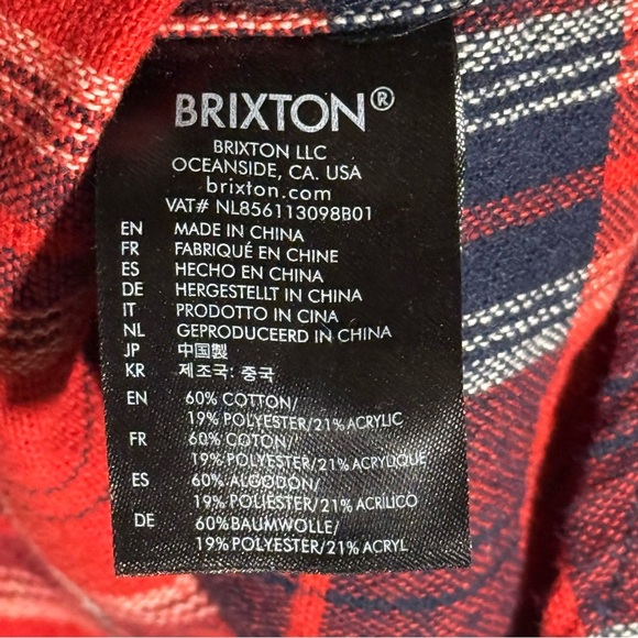 Brixton Bowery Flannel Shirt Long Sleeve Red and Navy Size XL Plaid Button-Down - Picture 10 of 10